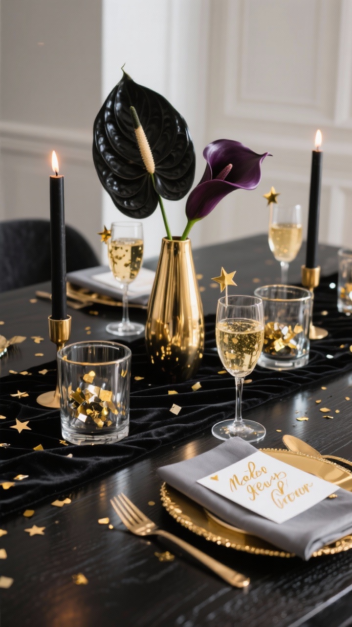 Photorealistic closeup detail of a New Year’s midnight centerpiece on a black or dark walnut table: black velvet runner base; smoked glass hurricanes with black pillar candles casting a moody glow; brass champagne coupes brimming with metallic confetti and tiny gold star picks; a sleek gold vase holding a dramatic black anthurium or deep plum calla lilies; gold-edged napkins and mirrored coasters peeking into frame; acrylic place cards with gold paint pen script. Smoked gray, midnight black, champagne gold, and confetti sparkle, shot from a low angle with reflective highlights.