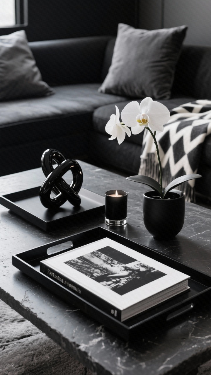 Photorealistic closeup detail shot of Modern Monochrome Drama styling on a black stone or charcoal concrete table: a matte black tray corrals two large black-and-white photography coffee table books; a glossy black ceramic knot sculpture sits beside a matte black candle with a moody aura; a single white orchid in a sleek pot provides stark contrast; background hints of charcoal pillows and a black-and-ivory geometric throw; tight palette of black, white, graphite, and a hint of chrome; sharp, directional lighting to emphasize silhouettes, no people.
