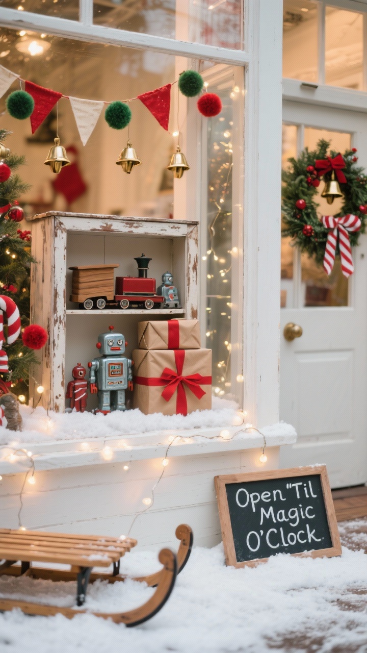 Photorealistic closeup/detail shot, straight-on like a shop window: a window-style display box with a salvaged frame containing wooden trains, tin robots, and stacked kraft-paper gift boxes tied with red ribbons on a soft snow blanket, warm-white mini lights woven throughout; in the background hints of red-and-cream bunting with felt pom garlands and small brass jingle bells; foreground edge shows part of a vintage sled and a tiny chalkboard sign reading “Open ’Til Magic O’Clock”; door nearby features a lush holly wreath with candy-cane stripe ribbon; nostalgic red, green, and warm white palette with subtle reflections; soft, cozy glow.