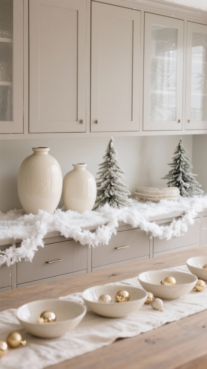 Photorealistic closeup detail shot, straight-on, of a Frosted Neutral Gallery vignette above light taupe cabinets: cream stoneware vases, matte porcelain trees, gauzy white garland dusted with faux snow; a low-profile linen table runner as a base; shallow bowls holding champagne-toned ornaments for soft shimmer. Palette: cream, oatmeal, taupe, champagne. Emphasis on repeated textures—linen and matte ceramic. Soft diffused daylight for a frosted, serene feel.