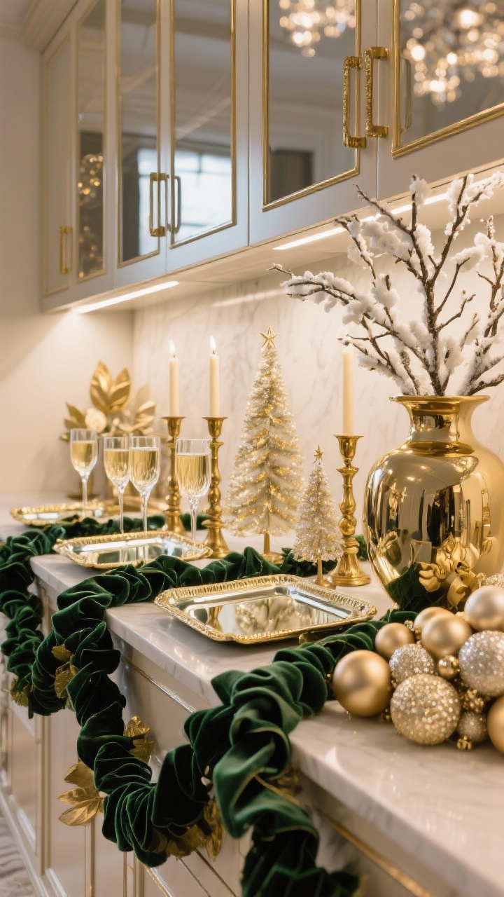 Photorealistic closeup glam detail shot from a low angle, focusing on Gilded Winter Glam above high-gloss cabinetry: a line of antique gold candlesticks, champagne glass trees, and mirrored trays reflecting light; lush magnolia leaf garland with deep forest green velvet ribbon tails cascading; oversized matte-champagne ornaments clustered at one end; a statement urn with tall winter branches as anchor. Palette: gold, champagne, forest green, ivory. Textures: velvet, glass, metallic leaf, a touch of crystal. Soft, layered evening lighting for luxe shimmer.