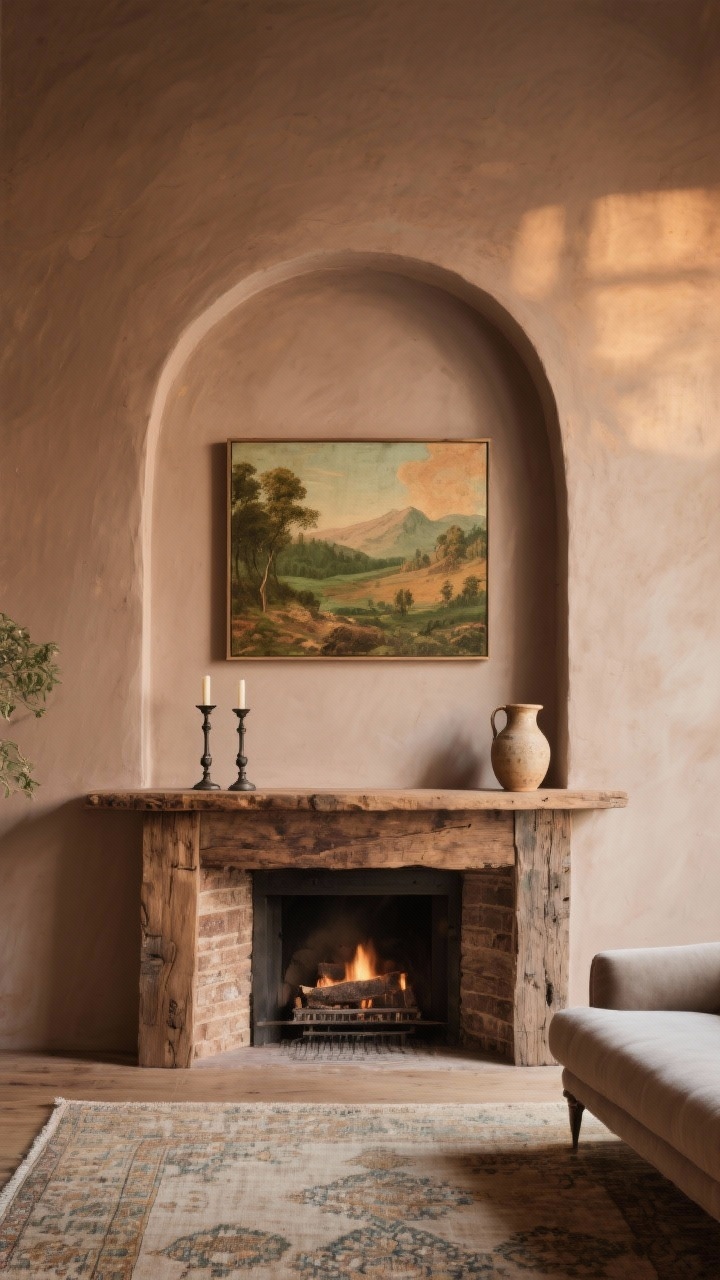 Photorealistic fireplace focal wall, medium-wide: a subtle painted arch in muted clay/taupe above a chunky reclaimed wood mantel; inside the arch hangs an oversized vintage-style landscape print (40–60 inches) in earthy greens, ochres, and warm taupes. Minimal styling: two iron candlesticks and a single ceramic jug on the mantel; low, soft furniture keeps focus on the wall. Faded Persian-inspired rug in dusty tones on the floor. Warm ambient evening light with gentle shadows, straight-on composition.