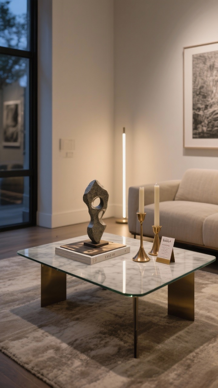 Photorealistic gallery-inspired corner angle shot (three-quarter view) of Art Gallery Glow-Up: a clean, low-profile glass or smooth lacquer coffee table; a slim marble slab or large art book acts as a stage for a small sculptural piece (abstract stone or metal totem); two asymmetrical candleholders (one tall, one squat) flank the sculpture; a thin LED light wand washes the piece in a soft glow; accessories limited to a single art catalog and a cardholder with gallery passes; palette of chalk, ink, bronze, and soft gold; room connects with a gallery wall, neutral rug, and linen sofa in background; evening, curated atmosphere, no people.
