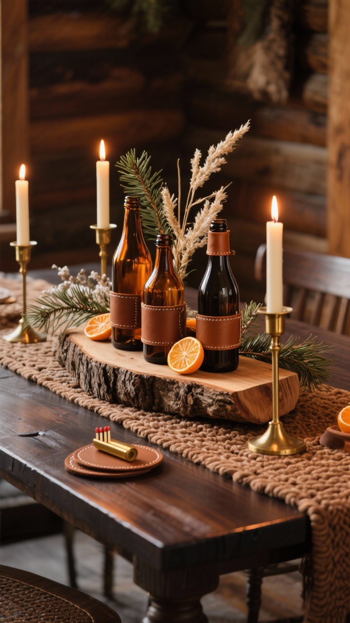Photorealistic medium closeup of a warm, cabin-glow centerpiece on a dark walnut table: a live-edge wood plank base holding amber glass bottles of varying heights with cedar branches and dried winter grasses, leather-wrapped pillar candles, and brass candlesticks; woven runner in cocoa tones beneath; accents of a brass match striker, leather coasters, and dried orange slices tucked among the bottles. Rich amber, caramel, espresso wood, and brass palette. Low, cozy candlelight, captured from a three-quarter angle.