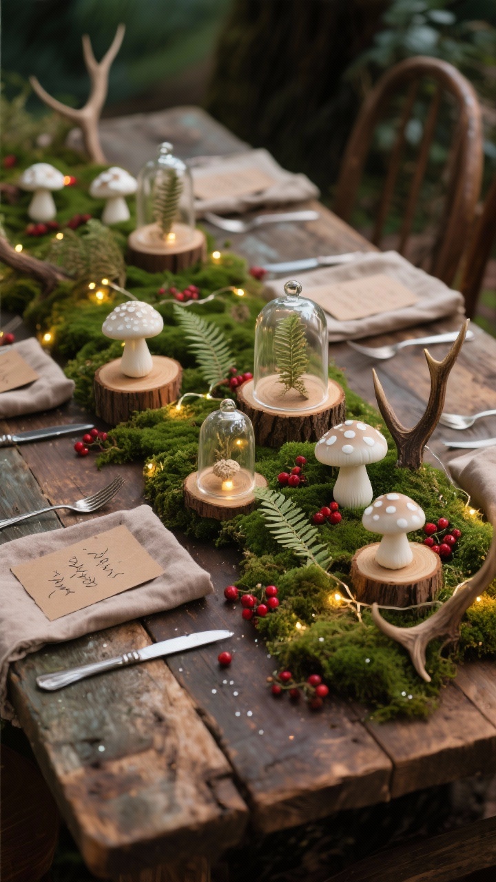 Photorealistic medium closeup of a woodland storybook centerpiece on a raw reclaimed wood table: a lush moss runner sprinkled with porcelain toadstools, wood slice risers, and tiny glass cloches trapping dried fern fronds; warm battery micro-lights twinkling through the moss like fairy dust; linen napkins in mushroom taupe, handwritten kraft place cards, berry sprigs, and antler-style flatware at settings. Moss green, warm brown, cream, and berry red palette, soft evening glow, straight-on at low angle.
