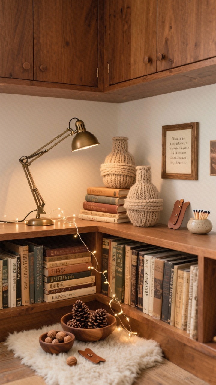 Photorealistic medium shot, cozy corner angle, of a Hygge Library Nook above warm wood cabinets: stacks of vintage cookbooks arranged horizontally and vertically; knit-wrapped vases; a tiny faux sheepskin runner under the vignette; a bronze task lamp angled upward; a thin strand of twinkle lights weaving through; small wooden bowls filled with pinecones and walnut shells; leather bookmarks, tiny framed quotes, and a ceramic match striker as accents. Palette: camel, cream, cocoa, bronze. Warm, intimate glow.