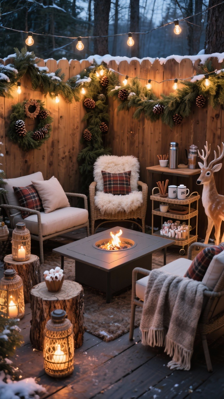 Photorealistic medium shot, cozy corner angle of a Rustic Woodland Hot Cocoa Nook at evening: weatherproof bistro set and low lounge chairs arranged around a propane fire table with gentle flame; wool-look outdoor blankets draped over chairs, plaid pillows, a faux sheepskin over one chair back; cedar privacy screen behind, draped with thick evergreen garland and oversized pinecones; Edison bulb string lights zig-zagged overhead; chunky lanterns on the ground casting warm pools of light; a small bar cart styled with enamel mugs, a lidded thermos, jars of marshmallows and cinnamon sticks, a mini wreath on the handle; tree stump side tables; nearby light-up rattan reindeer; inviting, warm, wintery ambience, no people.