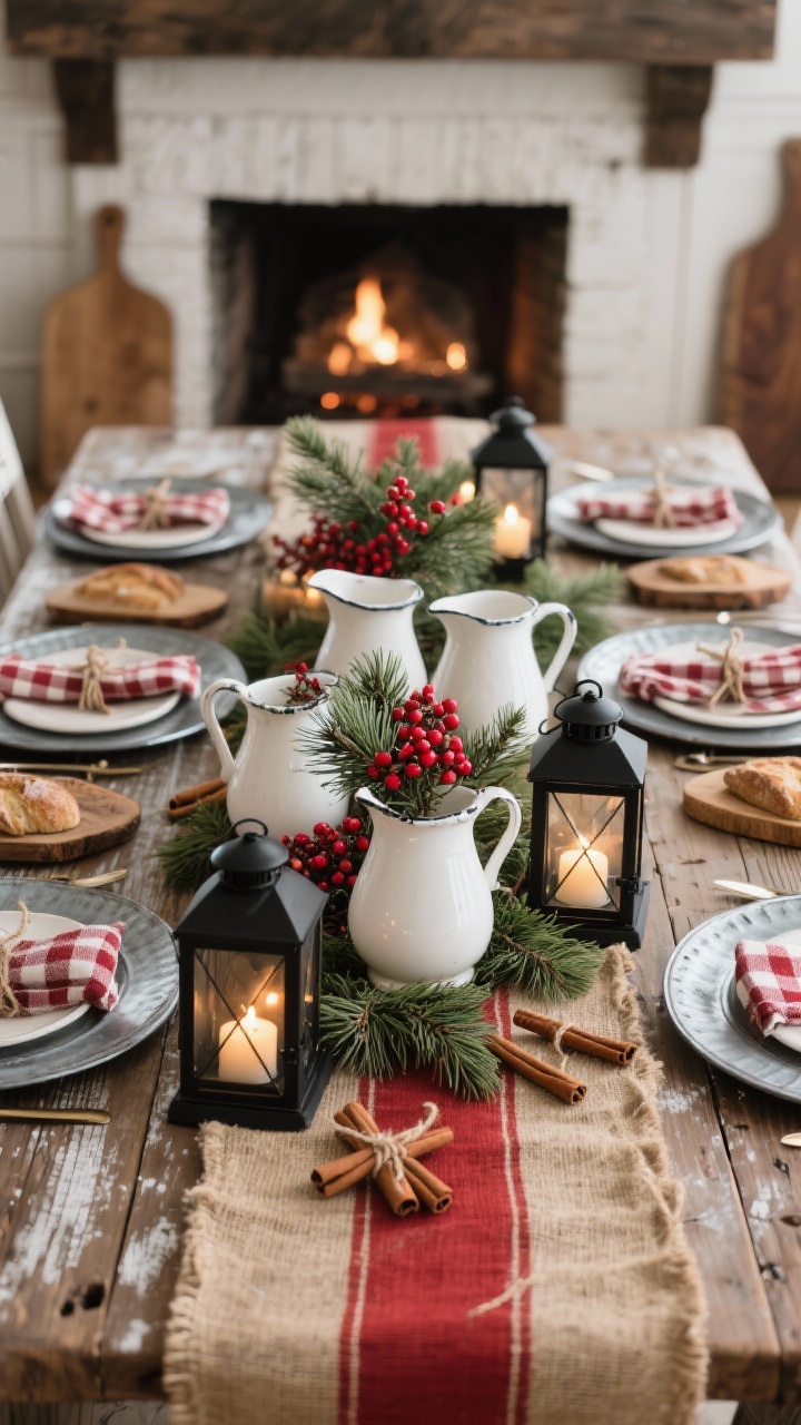 Photorealistic medium shot of a farmhouse hearth centerpiece on a distressed farmhouse table: clustered white ironstone pitchers and creamers filled with cedar and vivid red winterberries; matte black lanterns with candles interspersed; cinnamon sticks tied with twine scattered; grain sack runner with a red stripe beneath; galvanized chargers, checkered napkins, and wooden breadboards at place settings. Cream, barn red, evergreen, and matte black palette with warm, homey candlelight, straight-on view.