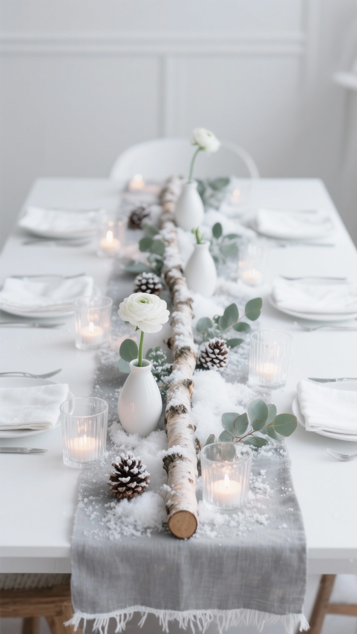Photorealistic medium shot of a serene Scandinavian winter tablescape: a matte white table with a narrow birch log runner down the center, tufts of faux snow, frosted eucalyptus, mini pinecones dusted with faux snow, and clear glass tea lights twinkling; low white ceramic bud vases each holding a single snow-white ranunculus; gray linen runner beneath and white frayed-edge napkins at place settings; clear glass votives scattered. Cool, soft whites, pale gray, birch wood, and frosted green palette. Gentle candlelit glow with a clean, quiet, Nordic mood, shot straight-on at table height.