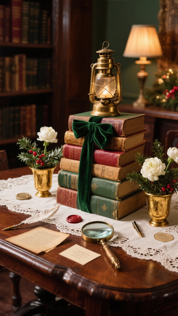 Photorealistic medium shot of a vintage library Christmas centerpiece on a mahogany table: stacks of antique books tied with deep forest green velvet ribbons, topped with a small brass lantern; flanked by gold-rimmed bud vases holding holly sprigs and white ranunculus; hemstitched ivory tablecloth beneath; accents of wax-seal place cards, a quill pen, and a vintage magnifying glass. Oxblood, forest green, aged gold, and parchment palette with warm lamplight, shot from a gentle corner perspective.