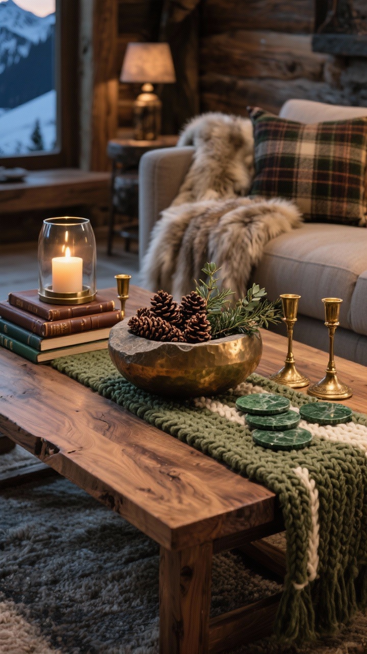 Photorealistic medium shot of an Alpine Lodge Luxe coffee table vignette: a solid oak or walnut table with visible grain and a chunky knit runner across the top, centered with a stone or hammered brass bowl filled with pinecones and eucalyptus; a low smoked-glass hurricane candle glows warmly, flanked by two antique brass taper holders; include a stack of leather-bound books paired with a green marble coaster set; nearby sofa edge shows a draped faux-fur throw and a plaid wool cushion to reinforce the palette of mocha, forest green, cream, and brass; evening ambient lighting with soft candle glow, no people.