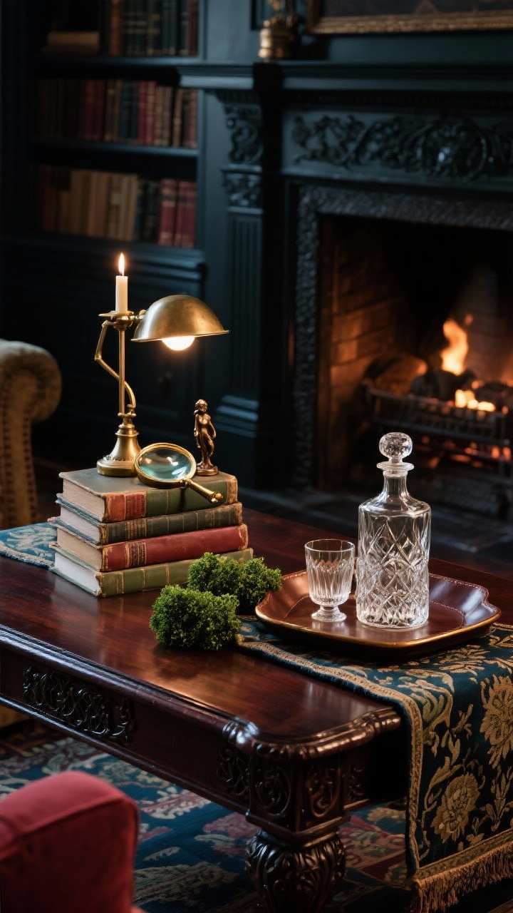 Photorealistic medium shot of Old World Library Chic coffee table scene: a dark mahogany or espresso table with carved details layered with a Persian-print fabric runner; a petite vintage-inspired banker lamp or brass reading-lamp-style candle adds warm task-like glow; stack of weathered books topped with a magnifying glass and a small bronze figurine; a leather tray holds a cut-glass decanter with low crystal tumblers; subtle greenery via boxwood clippings in a small mercury glass vase; moody palette of oxblood, olive, brass, and inky navy; fireplace ambience implied, evening warmth, no people.