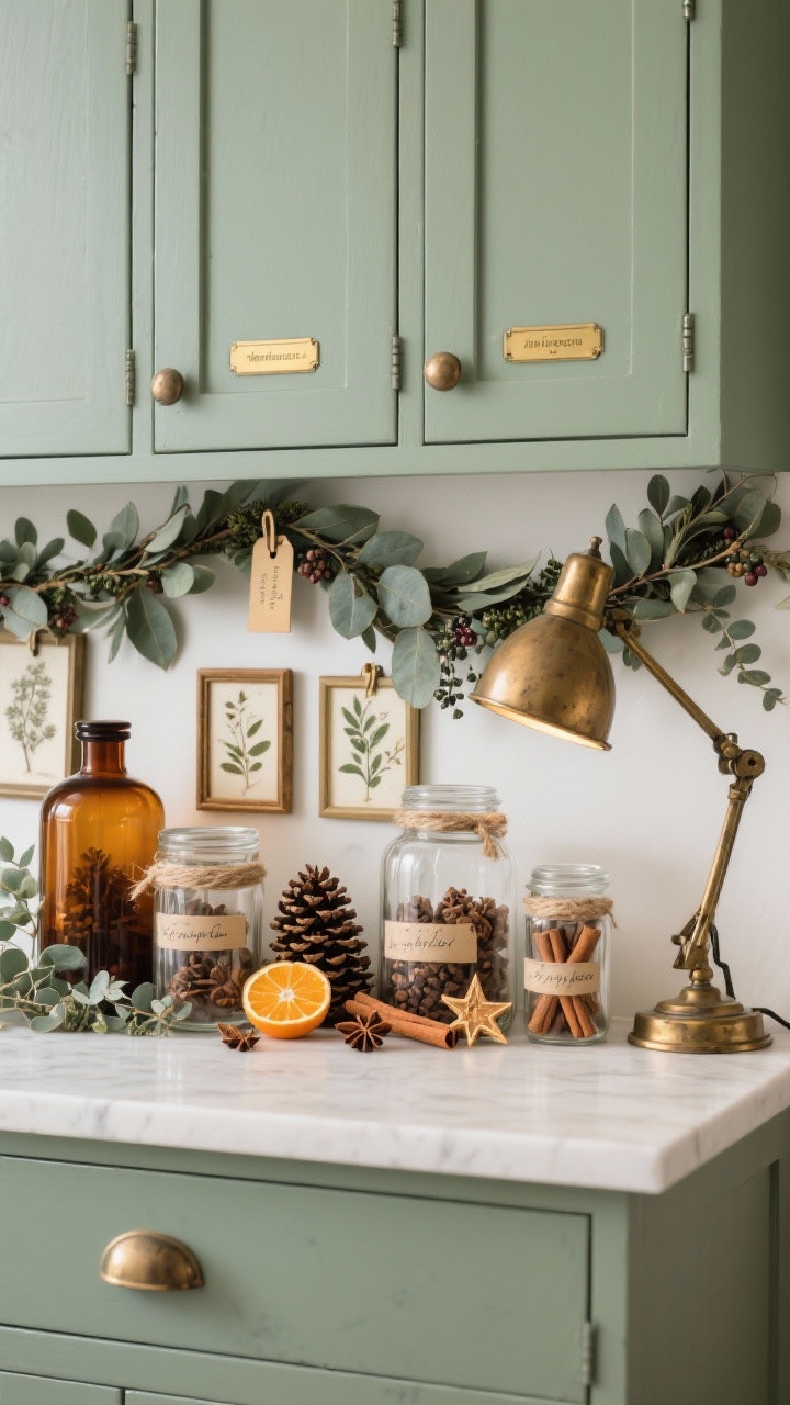 Photorealistic medium shot, side angle, of a Botanical Apothecary Winter arrangement above painted sage kitchen cabinets: amber apothecary bottles and clear glass jars filled with pinecones, dried oranges, star anise, and cinnamon sticks; sage-toned garland woven through; pressed botanical frames casually propped at the back; brass labels and clip tags; a single aged brass desk lamp angled upward creating a warm glow. Accents of dried eucalyptus, bay leaves, and juniper berries; twine-wrapped jar tops and tiny handwritten labels. Color story: amber, sage, caramel, brass.