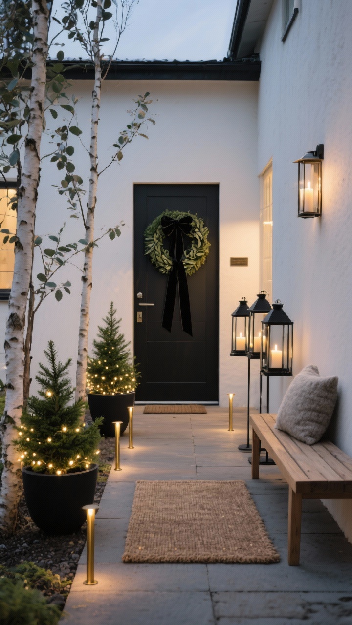 Photorealistic medium shot, straight-on view of a Nordic Evergreen Courtyard entryway at dusk: matte black planters holding potted dwarf spruces wrapped in steady warm-white micro lights, flanked by tall birch branches and eucalyptus stems; black metal lantern trio with battery candles on one side, a simple bench with a wool-look outdoor cushion on the other, jute doormat centered; pathway leading in with evenly spaced low brass-finish stake lights; a cedar and olive wreath with a wide black velvet ribbon on the door; palette of soft whites, deep greens, matte black, and raw wood; calm, minimal Scandinavian mood with soft golden lighting and clean lines, no blinking lights, no people.