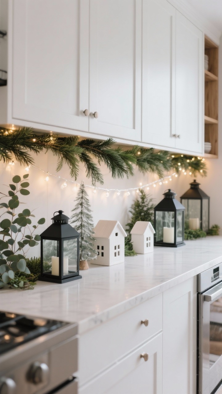 Photorealistic medium shot, straight-on view of the space above modern white kitchen cabinets styled as a Nordic Evergreen Ledge: a skinny cedar garland (fresh or faux) runs in a neat, streamlined line; small white wooden/ceramic house figurines placed intermittently; matte black metal lanterns for contrast; frosted glass trees tucked among greenery; a narrow strand of warm white fairy lights woven subtly. Color palette: soft whites, eucalyptus green, charcoal, and warm wood tones. Finish is minimal, smooth ceramic with airy greenery, no bulky rustic elements. Evening ambiance with the fairy lights softly glowing.