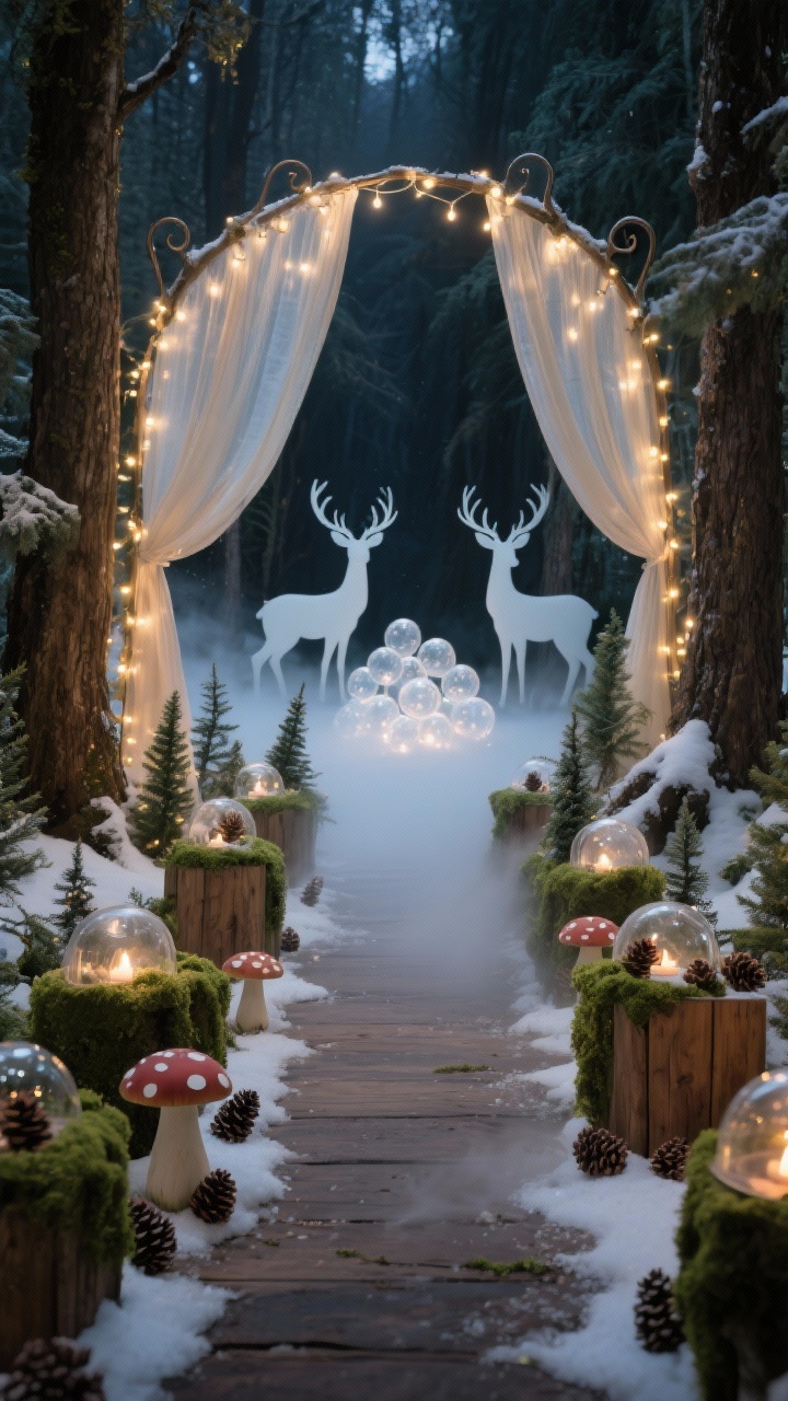 Photorealistic medium-to-wide walkway scene, slightly low angle, Enchanted Forest vibe at night: pathway lined with mossy-looking planters filled with mini evergreens and fairy lights; wooden toadstools nestled among foliage; subtle ground-hugging mist effect drifting along the edges; shepherd’s hooks arching over the path with curtain-style twinkle lights forming a soft tunnel; tasteful deer silhouettes in matte white and natural wood, softly backlit; faux snow blankets around tree bases, sprinkled with pinecones and tea-light domes; a glowing cluster of frosted glass orbs at the end of the path; dreamy, whimsical lighting.