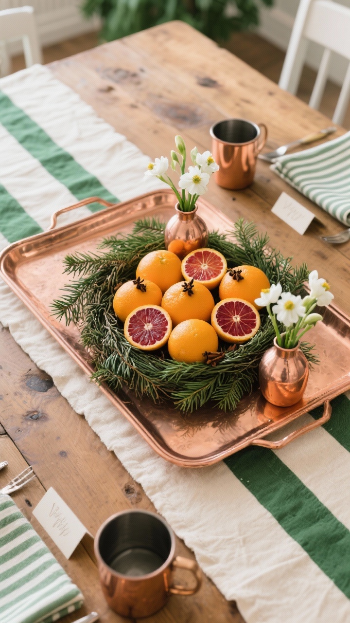 Photorealistic overhead detail shot of a copper tray centerpiece on a natural oak farmhouse table: cedar boughs forming a nest filled with whole clementines and blood oranges, clove-studded oranges for scent, and small copper bud vases with white anemones or paperwhites; cream runner with a green border under the tray; nearby hints of copper mule mugs, citrus place cards, and striped napkins. Fresh, deep green, bright citrus, and gleaming copper palette with soft daylight.