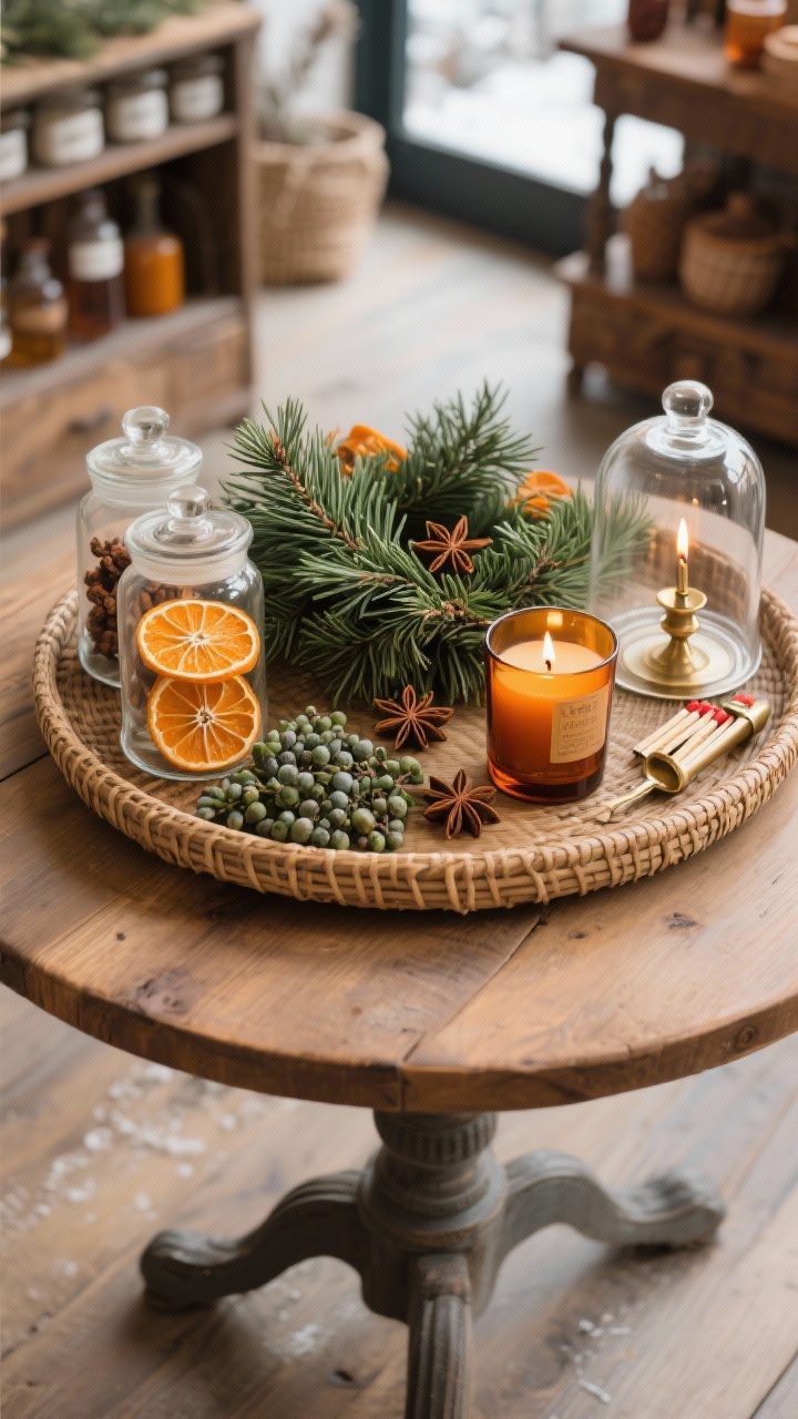Photorealistic overhead detail shot of Evergreen & Citrus Apothecary: a medium-tone wood table with a round rattan tray; apothecary jars filled with dried orange wheels, star anise, and juniper berries; a low evergreen arrangement with cedar and rosemary, plus an amber glass candle emitting a warm glow; a brass wick trimmer and matches in a glass cloche set neatly nearby; accents in sage, tangerine, amber, and walnut; cozy winter market vibe with subtle natural light, no people.