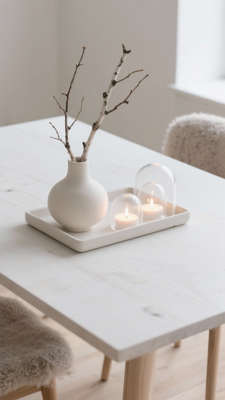 Photorealistic overhead detail shot of Nordic Minimal Glow styling on a blonde ash or whitewashed oak table kept nearly bare: a matte ceramic tray in soft white holds a single sculptural vase with bare birch twigs; two low-profile LED tea lights sit beneath frosted glass domes creating a gentle, diffuse glow; textures emphasized—wool, felt, and stone accents—within a neutral palette of white, pale gray, oat, and soft taupe; soft natural winter light from the side, clean lines, no clutter, no people.