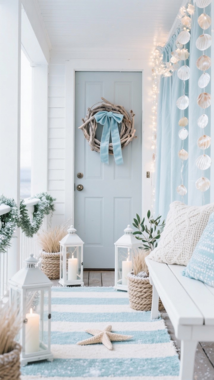 Photorealistic straight-on medium shot of a Frosted Coastal Porch in cool, airy light: a driftwood wreath with pale blue velvet ribbon on a white or light-gray door; white lanterns holding cool-white LED candles; rope-wrapped planters filled with dusted olive branches and sea grass; tidy vertical cool-white curtain lights shimmering behind; capiz shell garlands woven through a simple green garland along the rail; lightly glitter-frosted starfish ornaments; striped outdoor rug in soft blue and ivory; white bench with knit fisherman-texture pillows; palette of icy blue, seafoam, white, sandy beige, brushed nickel; crisp coastal winter mood, no people.