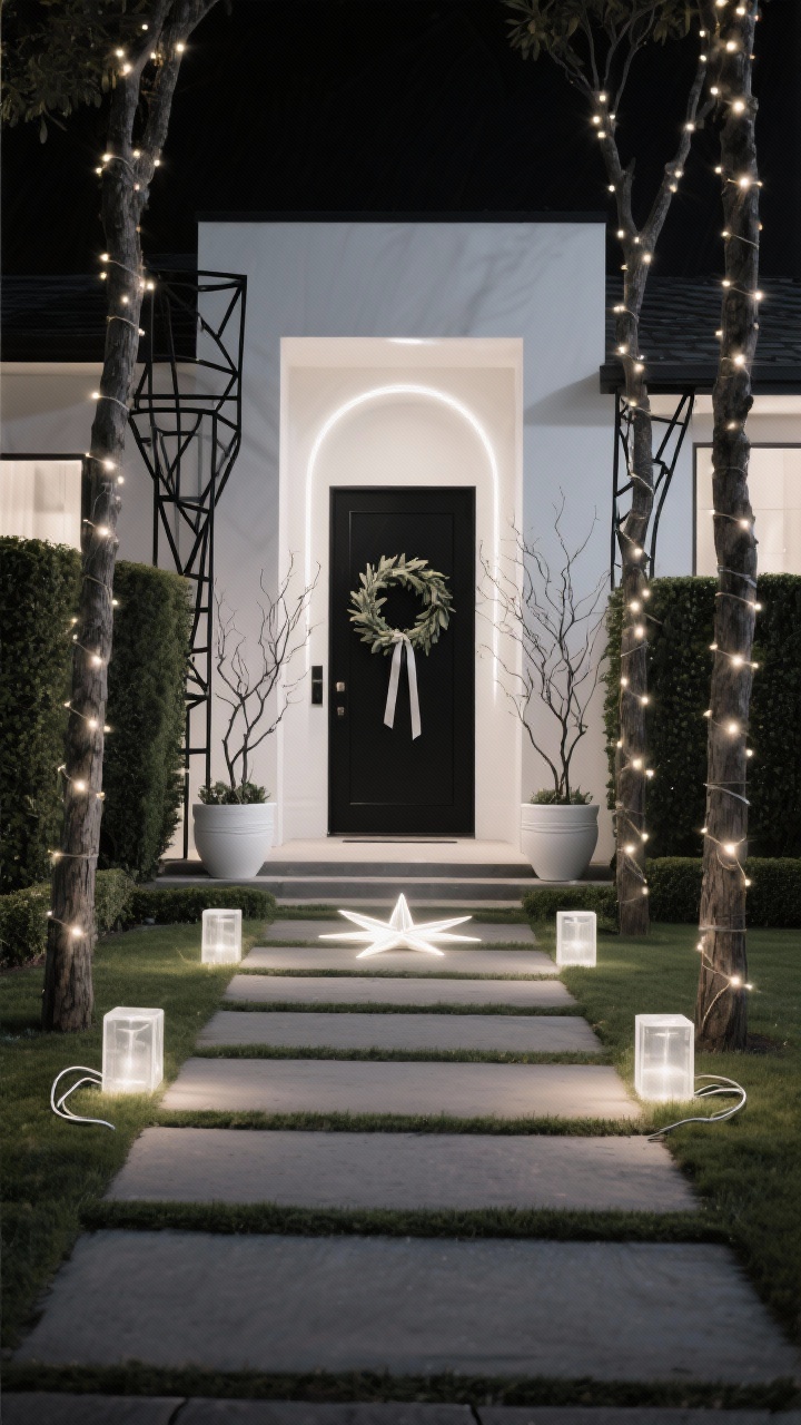 Photorealistic wide front yard shot at night, straight-on, Modern Monochrome Lightscape: strict palette of black, white, and warm-white light; hedges and tree trunks wrapped in uniform micro lights; matte black geometric metal-frame trees in staggered heights creating sculptural depth; driveway/path lined with frosted low cube lights set at consistent intervals; centered on the lawn a statement LED starburst or a sleek lighted arch; entry door with a black eucalyptus wreath and slim satin ribbon; white ceramic planters holding bare, lit branches; cords hidden, crisp lines, high-contrast, gallery-like minimalism.