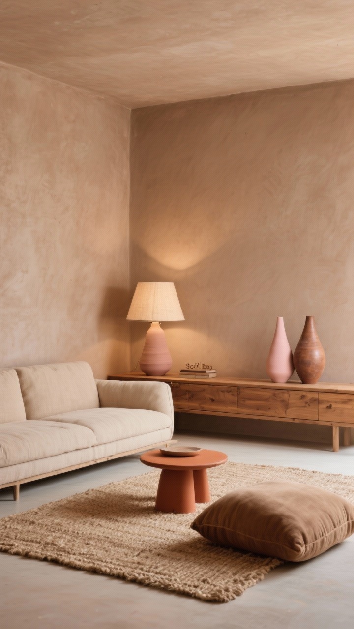Photorealistic wide living room shot, “Soft Clay Sanctuary”: muted clay walls with creamy undertones, low-profile warm beige linen sofa, chunky jute rug, terracotta side table, oversized floor cushions, long oak console topped with ceramic vases in blush and umber; cone-shaped linen lampshades casting warm 2700K glow; simple lines, rich textures; no people.