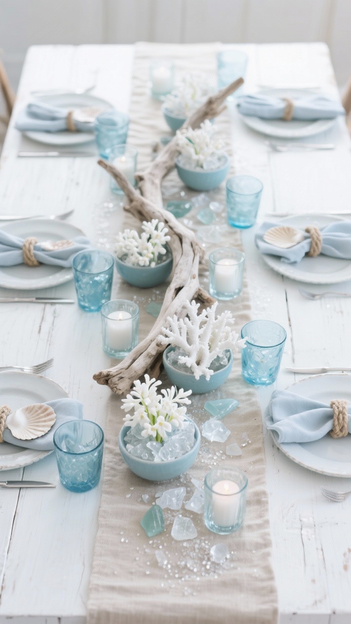 Photorealistic wide overhead shot of an arctic coastal centerpiece on a whitewashed table: a pale sand linen runner with a central driftwood branch, draped with white faux coral and surrounded by sea glass votives in icy blues; low bowls of white hyacinths; crushed clear glass “ice” sprinkled for sparkle; gauzy napkins in pale blue-gray, rope napkin rings, and shell-inlaid chargers at the edges of frame. Sea glass blues, chalk white, sand, and driftwood palette with cool daylight.