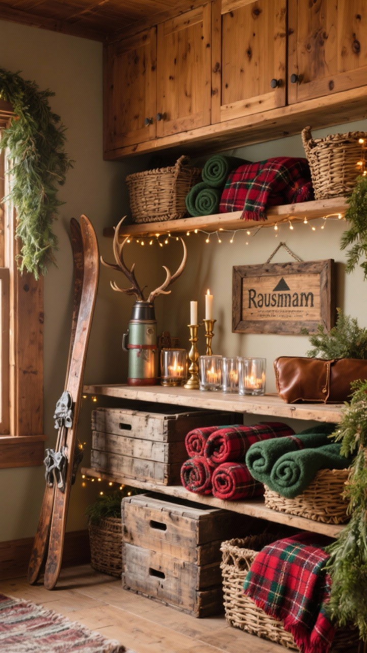 Photorealistic wide room shot from a corner angle of a Rustic Lodge shelfscape above warm wood kitchen cabinets: aged wood crates and woven baskets arranged with rolled plaid wool blankets; distressed vintage ski poles leaning for height; a wood-framed cabin sign; mercury glass votives catching a firelit mood; vintage thermos, antler-style candlesticks, and plaid textiles as hero accents. Palette: deep reds, hunter green, caramel leather, antique brass. Micro-LED twinkle wire tucked behind baskets for subtle sparkle. Heavier items weighted toward corners, greenery draped toward center.