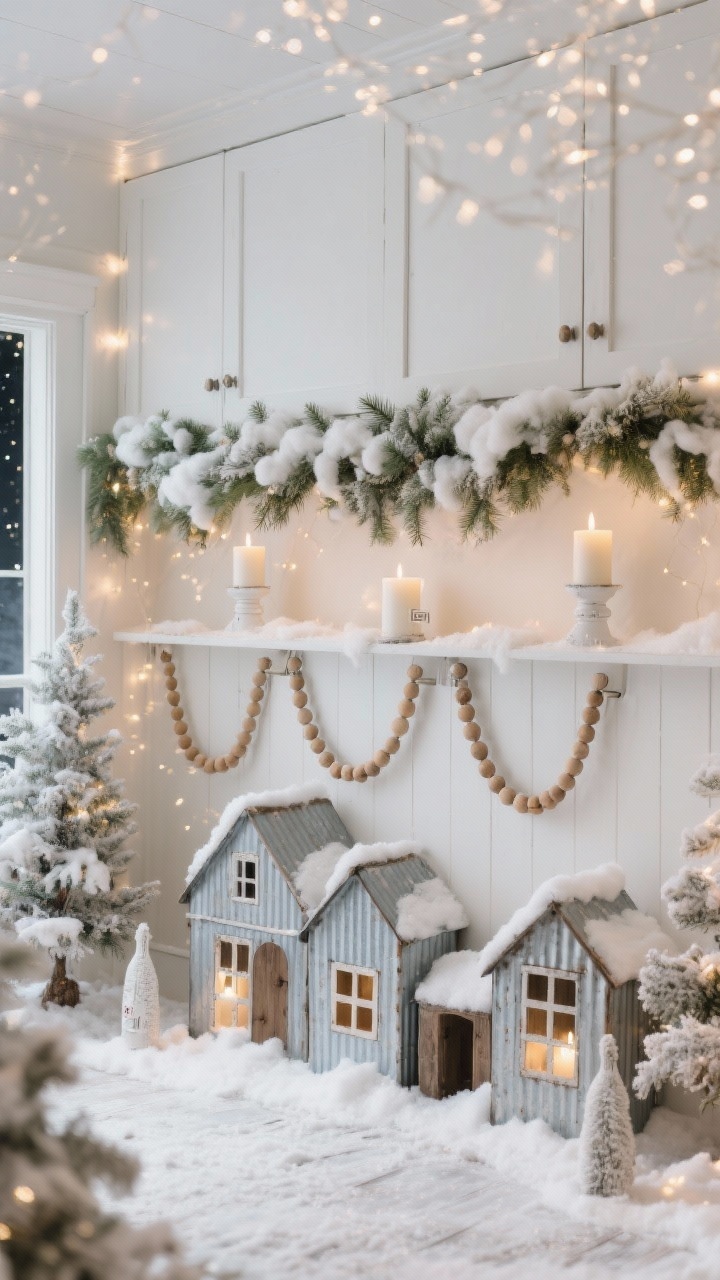Photorealistic wide room shot, straight-on, of a Snowy Farmhouse with Twinkle Glow above white shaker cabinets: chunky faux pine garland layered with soft cotton “snow” batting like fresh drifts; battery-operated taper candles in distressed white holders; three wood bead garlands draped in gentle swags (as if hung with Command hooks); galvanized tin houses with cutout windows glowing from within; bleached bottle brush trees sprinkled throughout. Palette: winter white, sage, galvanized silver, soft tan. Warm-white tapers and hidden micro-LEDs produce a cozy nighttime village glow.