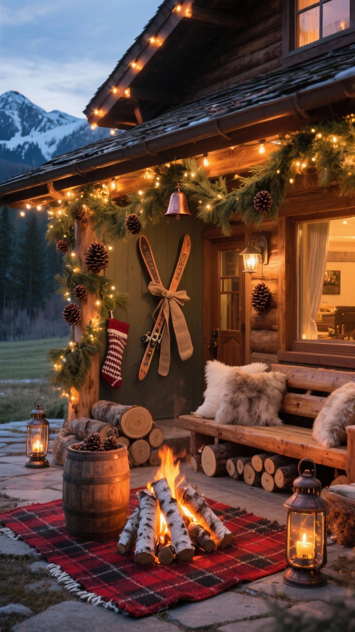 Photorealistic wide shot, corner angle of a cozy Alpine Lodge porch and front yard at twilight: roofline and porch rails outlined in warm incandescent-style string lights; stacked log rounds by the door; wooden bench with faux-fur throw pillows; red-and-charcoal plaid outdoor rug anchoring the scene; barrel planter “campfire” centerpiece with birch logs glowing from hidden amber fairy lights; pine and cedar garlands draped along the porch with pinecones and copper bells; vintage-style crossed skis on the wall tied with burlap ribbon; bronze-toned metal lanterns and a few textured knit stockings hung outside; rustic, warm cabin glow.