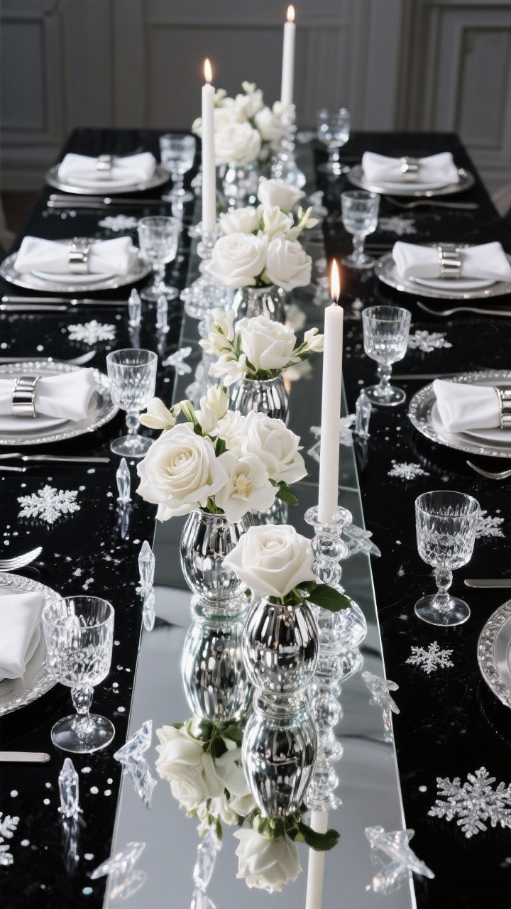 Photorealistic wide shot of a glamorous winter table on a dark, nearly black-stained surface: a mirrored runner reflecting clusters of mercury glass vases filled with lush white roses and gardenias; crystal taper holders with tall white tapers; scattered glass icicles and clear acrylic snowflakes shimmering; white linen napkins with silver napkin rings, cut-crystal water goblets, and silver chargers at place settings. Dimmed ambient light so the candles and crystal sparkle dominate. White, mirrored silver, and crystal palette, straight-on view.