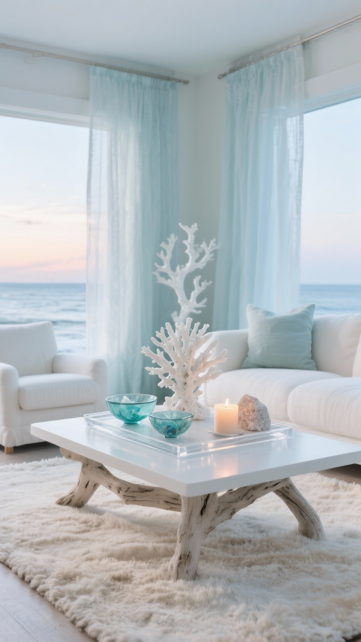 Photorealistic wide shot of Frosted Coastal Calm living area: a white lacquer or pale driftwood coffee table with a clear acrylic tray; inside, sea glass bowls in frosted teal and icy blue, a white coral sculpture for height, and a salt rock candle casting a warm beach-at-sunset glow; surrounding elements include a pale wool rug and gauzy curtains that filter cool daylight; palette of soft blue, seafoam, white, and sand with textures of linen, glass, and matte ceramic; airy, winter-coastal mood, no people.
