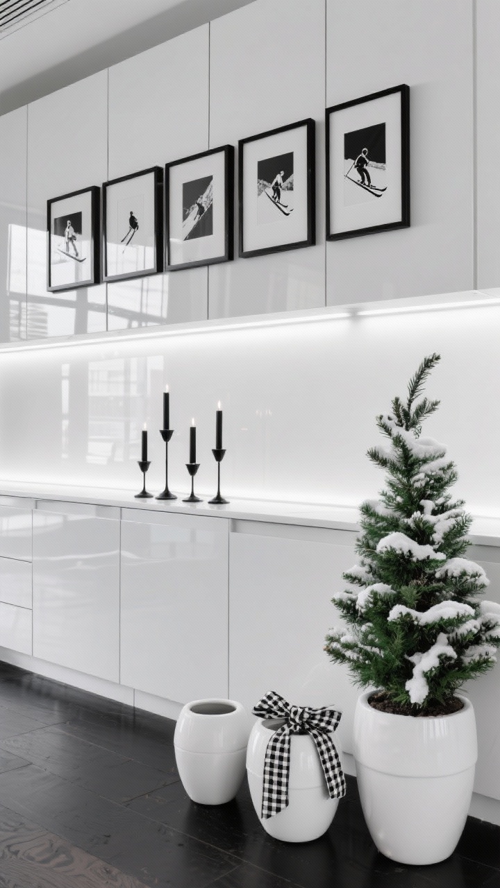 Photorealistic wide shot, straight-on, capturing a Modern Alpine Black & White display above matte white cabinets: black metal frames with monochrome ski prints in a crisp row; matte black candlesticks evenly spaced; snow-dusted faux spruce in white matte ceramic planters (same design in three sizes for rhythm); one planter tied with a subtle black-and-white checked ribbon. Palette: black, white, deep green. Cool white LED strip lighting along the back edge creates a sharp gallery glow, with glossy print reflections.