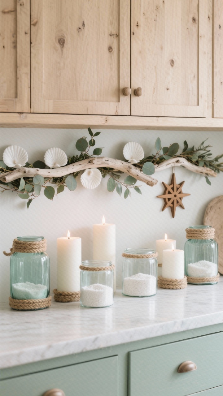 Photorealistic wide shot, straight-on coastal winter scene above light oak cabinets: bleached driftwood garland layered with eucalyptus stems; white matte ceramic shells spaced tastefully; frosted glass hurricanes filled with white sand and tall candles; rope-wrapped jars adding texture. Palette: sea-glass green, sandy beige, white. Materials: driftwood, frosted glass, rope, matte ceramic. Soft, diffused lighting with candle glow; final touch is a small wooden star/compass ornament for subtle nautical charm.