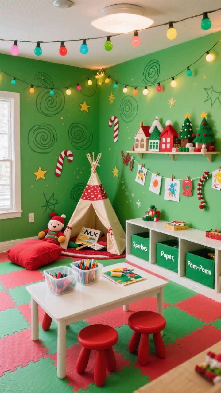Playroom wide overhead shot (slight top-down): feature wall painted lime green with hand-drawn swirls, stars, and candy canes; low white craft table with red stools and clear bins of supplies; multi-color bulb lights strung across the ceiling; cozy reading corner with teepee tent, red floor cushions, and a plush Max toy; felt Christmas village arranged on a wall-mounted shelf; flooring of foam tiles alternating red and green; labeled cubbies for “Sparkles,” “Paper,” and “Pom-Poms”; a clip line displaying kids’ holiday art and paper chains; bright, playful lighting; photorealistic