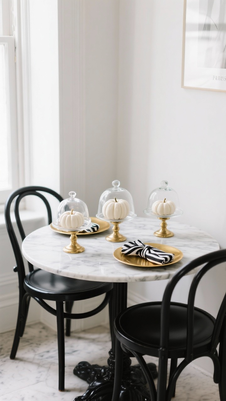 Small dining nook, straight-on table-level detail: Parisian-inspired black bistro chairs with a marble-top table, subtle gold accents. Center line of three small glass cloches (inverted glass bowls over pedestal votives) each covering a tiny white pumpkin. Black-and-white striped ribbon used as napkin ties; single gold charger under each plate. Colors: black, white, gold. Crisp, bright daylight with gentle reflections on marble and glass, photorealistic.