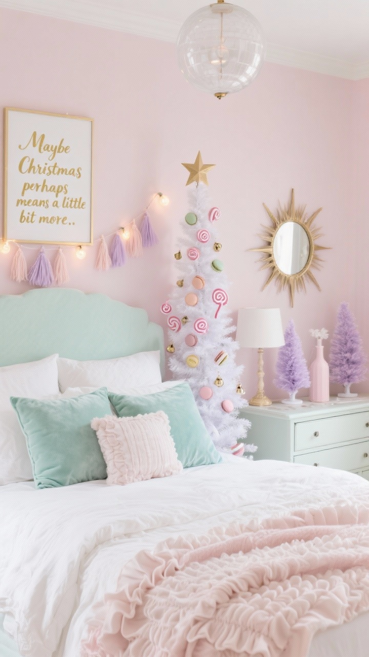 Soft, wide bedroom retreat in pastels: mint or powder pink walls, white bedding layered with mint velvet pillows and a ruffled throw in cotton-candy hues. A globe light with frosted finish replaces the nightstand lamp; pastel bulb string lights drape along the headboard. A slim white tree decorated with pastel macarons, candy swirls, and tiny bells. Include tassel garland, a starburst mirror, and pastel bottle-brush trees on the dresser. A framed quote in gold script: “Maybe Christmas perhaps means a little bit more.” Gentle, diffused lighting. Palette: mint, blush, lilac, soft gold.