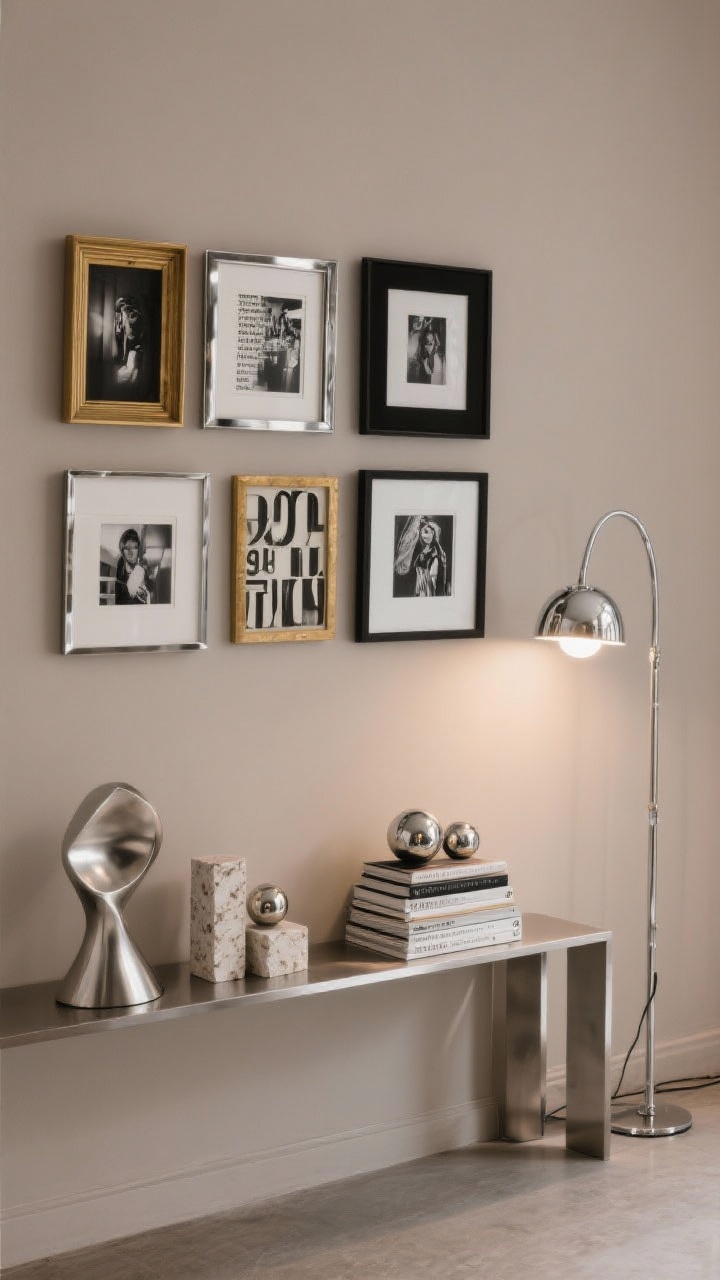 Straight-on gallery wall, medium shot: Studio-style Metallic Gallery with a soft taupe wall hung with mixed metal frames—brass, chrome, matte black—containing black-and-white photography and typographic prints. Below, a narrow metal console displaying sculptural objects and a stack of fashion books, with polished stone bookends and a few metallic spheres for sheen. Chrome arc floor lamp sweeping over the scene; LED picture lights accentuating the frames. Materials include chrome, brass, acrylic, polished stone. Photorealistic, urban, curated.