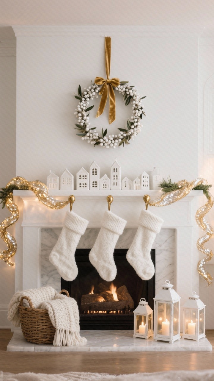 Straight-on mantel medium shot, balanced and symmetrical: white wool stockings hung from brass stocking holders; mantel layered with a white ceramic village and a sinuous gold mercury-glass garland like twinkling ice; above, a minimal wreath of white berries and hints of olive leaves suspended from a gold velvet ribbon; on the hearth, a basket of knit throws and a trio of white lanterns with warm battery candles; palette of pure white, champagne gold, and soft greenery; evening glow; photorealistic, no people.