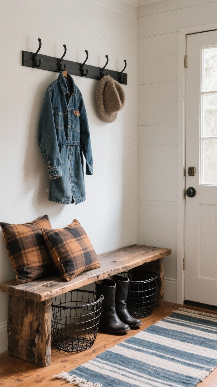 Straight-on medium shot, farmhouse entry: reclaimed wood bench topped with oversized plaid pillows in caramel and charcoal, anchored by a distressed leather lumbar; two black wire baskets tucked underneath for boots; above, a row of black hooks holding a denim chore coat and a wool hat; striped rug runner leading inward across the floor; palette of caramel, charcoal, denim blue, black; textures of plaid flannel, leather, wire mesh, weathered wood; soft natural daylight from a side window, photorealistic.