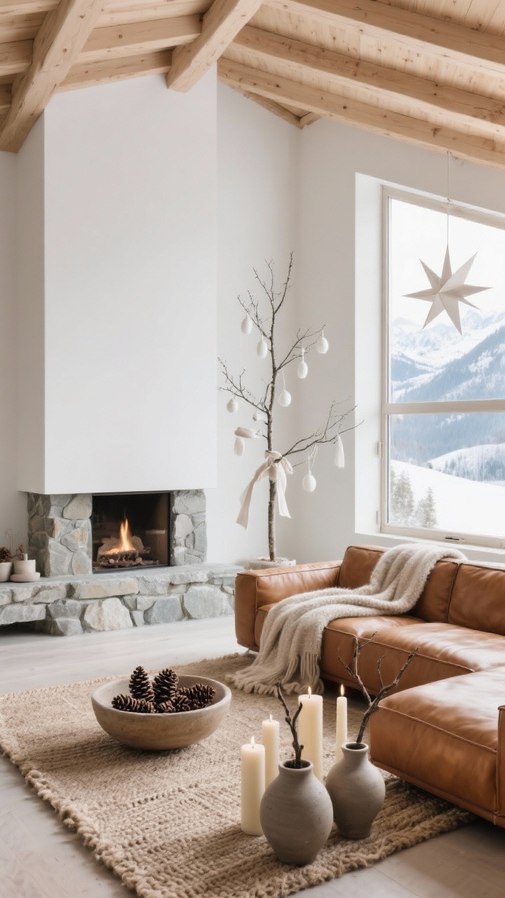 Wide, airy daytime shot: Alpine Chalet Minimalist Great Room with a soaring ceiling and pale oak beams, stone-clad fireplace, and a slim Scandinavian tree dressed in matte white ornaments and raw linen ribbon. Low caramel leather sectional layered with thick wool throws on a chunky jute rug. Minimal styling: ceramic bowl of pinecones, clustered pillar candles, hand-thrown matte ceramic vases with foraged branches. Palette soft white, greige, camel, natural wood; textures wool, stone, linen, matte ceramic. A single oversized paper star hangs in the window. Quiet luxury mood with natural light.