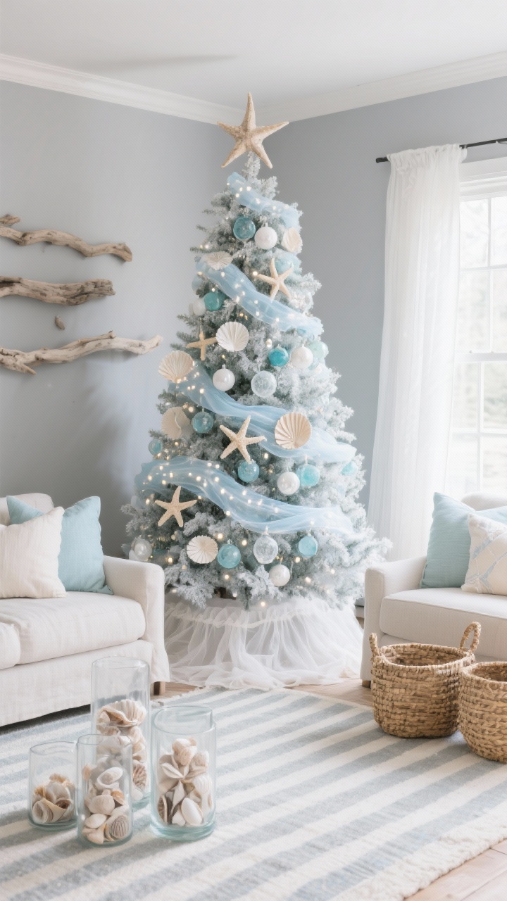 Wide, Coastal Frosted Serenity living room: a frosted 9-foot tree dressed in sea-glass blues, pearly whites, pale champagne, capiz shell ornaments, frosted glass balls, and delicate starfish/sand dollars, finished with sheer ice-blue ribbon and cool white lights. Soft gray walls, driftwood accents, light linen sofa with sea-glass throw pillows. Pale layered gauze or linen tree skirt, capiz or driftwood star topper. Decor echo with glass hurricanes filled with shells, woven seagrass baskets, and a soft striped rug. Bright, airy daylight with cool tones, straight-on composition.