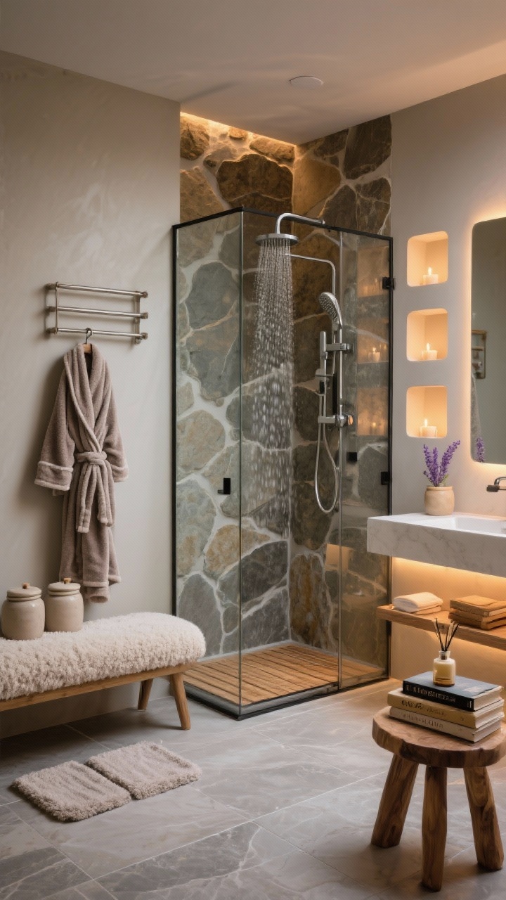Wide corner shot: Hygge Stone & Steam Haven with stone-look porcelain tiles on floor and a feature wall, a glass-enclosed steam shower with rainfall head and teak mat beneath. A heated towel rack glows softly; candle wall niches and warm LED strips under the vanity create layered, dimmable lighting. Cozy layers: flannel robe on a hook, bouclé bench cushion, double-thick bath mats. Finishing touches: stoneware canisters, a lavender-and-vanilla diffuser, and a stack of novels on a wood stool. Cocooning warmth and steam, photorealistic.