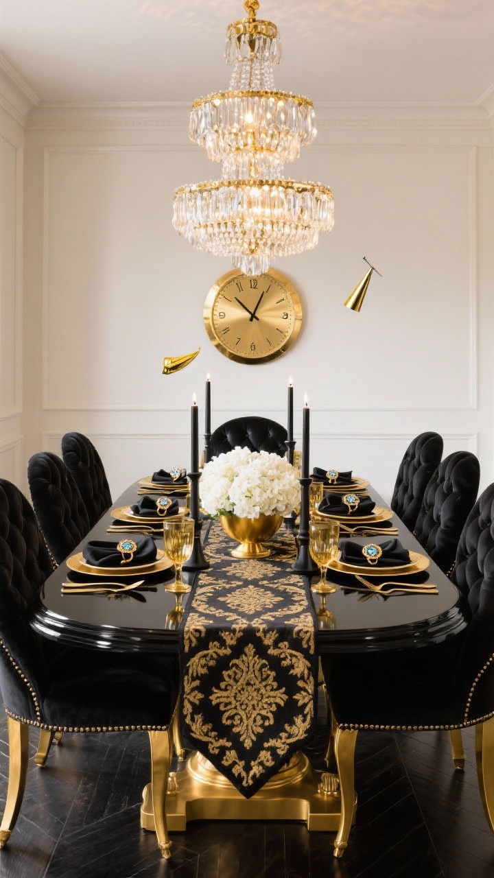Wide dining room scene: Gatsby-style grand dining with a high-gloss black dining table under a tiered crystal-and-brass chandelier, surrounded by tufted black velvet chairs with gold-tipped legs; a black-and-gold damask runner down the center; tablescape includes black dinnerware, gold-rimmed glassware, polished brass flatware, black chargers, gold satin napkins in jeweled rings, black taper candle holders, and a low gold bowl of white hydrangeas; bright gold accents and crystal sparkle; an oversized gold countdown clock on the wall; place a mini party horn at each setting.