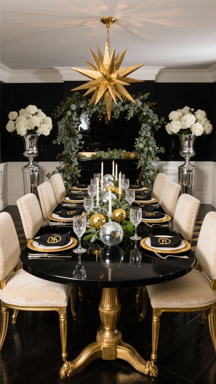 Wide dining room scene: Hollywood Regency glam with a lacquered black dining table on gold sabre legs, surrounded by cream velvet dining chairs with polished brass frames; overhead a starburst chandelier in aged gold; table styling mixes gold-rimmed chargers, silver flatware, and cut-crystal wine glasses; a lush eucalyptus garland with silver candles and gold disco-ball ornaments runs down the center; flanking tall silver urns with white hydrangeas; monogrammed black linen napkins with a gold initial; reflective surfaces and dramatic evening lighting; palette of black, cream, gold, silver, green.