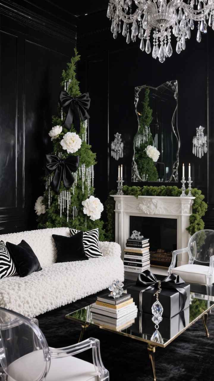 Wide, dramatic evening salon: Hollywood Regency Black-Tie Salon with glossy black walls, a white boucle sofa, mirrored coffee table, and a towering green tree dripping with crystal icicles, black velvet bows, and oversized white peonies. Zebra-print pillows, a pair of clear acrylic armchairs, stacks of coffee-table books, and a sculptural chandelier overhead. Mantel styled with crystal candlesticks and a sleek boxwood garland. Palette black, white, crystal, deep green; textures boucle, mirror, acrylic, crystal. Monochrome gift wrap with satin ribbons and crystal tags under the tree.