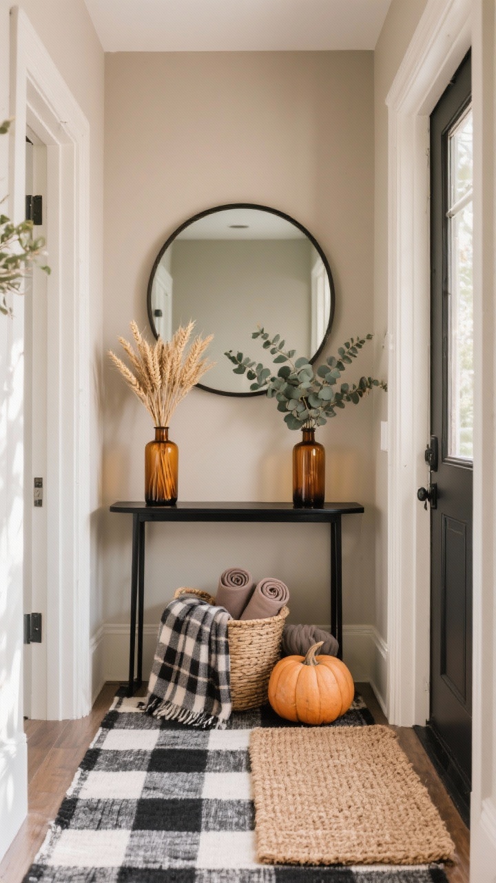 Wide entryway shot, straight-on view: a foyer with warm greige walls, a slim black console table beneath an oversized round mirror. On the console, two amber glass bottles styled as vases holding dried wheat and faux eucalyptus stems. Layered floor textiles: a jute doormat over a black-and-white plaid rug. A low basket with rolled plaid scarves and muted matte pumpkin fillers in taupe and charcoal. Color palette: greige, black, amber, taupe. Soft natural afternoon light, photorealistic.