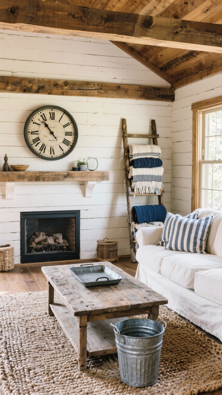 Wide farmhouse cabin living room: cream slipcovered sofa with striped ticking pillows, weathered wood coffee table, galvanized metal accents (tray and side buckets), braided rug underfoot, chunky blanket ladder stacked with throws next to shiplap accent wall, oversized vintage-style clock above the mantel, palette cream, charcoal, natural wood, soft navy, distressed and whitewashed finishes, warm daylight.