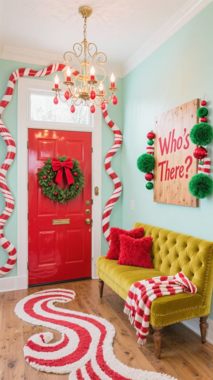 Wide foyer shot, straight-on view: a soft mint-painted entry with a glossy red front door; curvy candy-cane stripes along the trim creating swirly Whoville movement; a tufted chartreuse velvet bench topped with fuzzy red pillows and a striped throw; a grinchy green wreath with oversized felt ornaments and a big loopy bow on the door; whimsical chandelier with curled arms and red bulbs casting warm light; candy-cane runner rug with a sculpted edge; a wooden sign reading “Who’s There?” with playful hand-painted lettering near the door; photorealistic, bright holiday ambiance