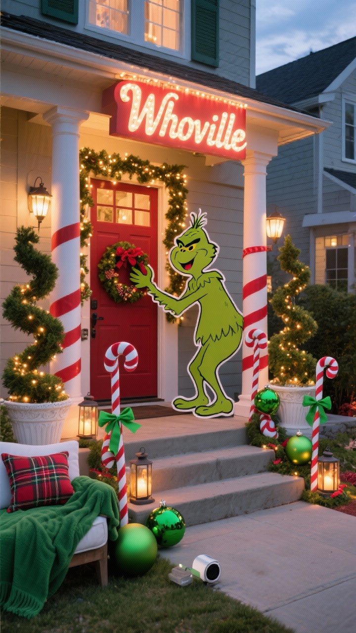 Wide, front porch scene at dusk: a leaning Grinch cutout “stealing” a lit wreath from the door, steps lined with oversized green ornaments and candy-cane stakes. Columns wrapped in striped ribbon, whimsical curly topiary trees in urns with lime bows, pre-lit garland around the doorway, a marquee “Whoville” sign, and lanterns casting warm glow. Weatherproof plaid pillows and a green throw on seating. Motion-sensor speaker (visible discreetly) for a cheeky Grinch laugh. Color palette: red, lime, white, evergreen. Festive outdoor lighting.